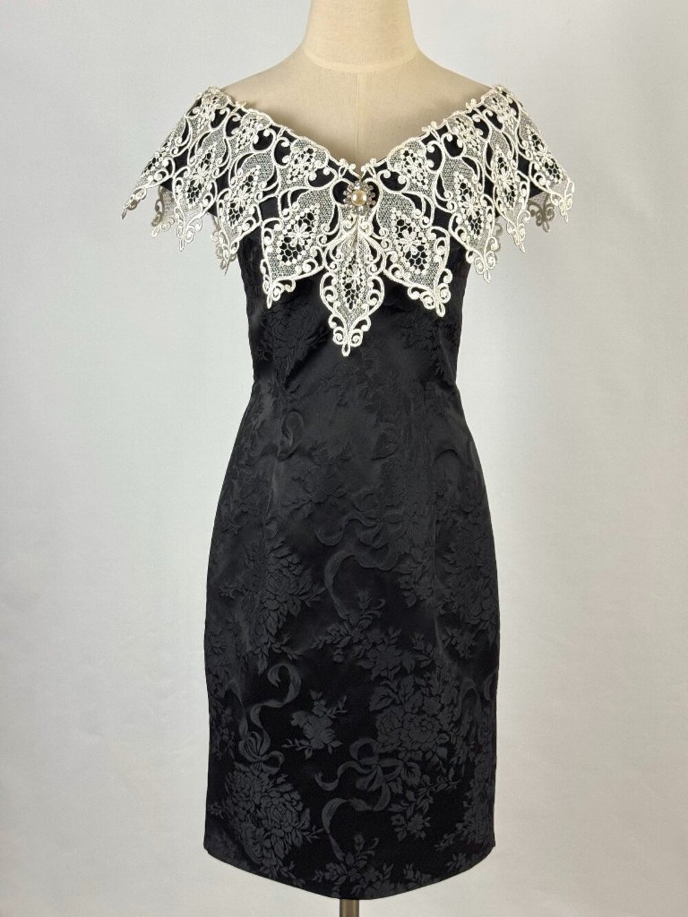 Vtg Scott McClintock 90s Black Brocade Wiggle Dress Lace Collar Off the Shoulder